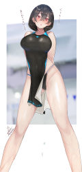 Rule 34 | 1girl, :o, absurdres, arms behind back, bare shoulders, bikini, bikini bottom only, black hair, black one-piece swimsuit, blush, breasts, competition swimsuit, contrapposto, covered navel, crossed bangs, ear blush, feet out of frame, gluteal fold, groin, hair between eyes, highleg, highleg bikini, highres, large breasts, legs, long legs, looking at viewer, one-piece swimsuit, original, pelvic curtain, red eyes, rib:y(uhki), short hair, solo, spread legs, swimsuit, twitter username, wet, wet clothes, wet swimsuit