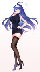 Rule 34 | 1girl, absurdres, ahoge, banglinh1997, bare arms, bare shoulders, black dress, black footwear, blue eyes, blue hair, blush, breasts, brown thighhighs, closed mouth, colored eyelashes, commentary, commission, covered navel, dress, english commentary, full body, gradient hair, hairband, hand on own face, hand on own hip, hand up, high heels, highres, impossible clothes, impossible dress, large breasts, long hair, looking at viewer, multicolored hair, orie ballardiae harada, pumps, purple hair, shoes, short dress, sleeveless, sleeveless dress, smile, solo, standing, stiletto heels, thighhighs, under night in-birth, very long hair, white hairband, zettai ryouiki