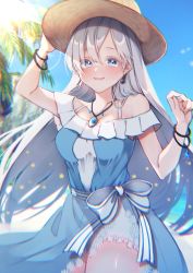 Rule 34 | 1girl, anastasia (fate), anastasia (swimsuit archer) (fate), anastasia (swimsuit archer) (first ascension) (fate), arm up, bare shoulders, blue dress, blue eyes, blue sky, bow, bracelet, breasts, cloud, collarbone, cowboy shot, dress, earrings, eyes visible through hair, fate/grand order, fate (series), frilled dress, frills, hair between eyes, hair over one eye, hat, highres, jewelry, long hair, looking at viewer, medium breasts, necklace, off-shoulder dress, off shoulder, outdoors, palm tree, pendant, signature, silver hair, sky, solo, star (symbol), straw hat, suna co, tree, two-tone dress, white bow, white dress