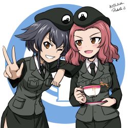 Rule 34 | 10s, 2girls, alternate costume, artist name, beret, black hair, black jacket, blush, braid, brown eyes, cosplay, cowboy shot, cup, dress shirt, emblem, girls und panzer, grin, hat, holding, jacket, leaning on person, long sleeves, looking at another, looking at viewer, military, military uniform, miniskirt, multiple girls, nekota susumu, one eye closed, open mouth, parted bangs, pencil skirt, pepperoni (girls und panzer), red hair, rosehip (girls und panzer), saucer, school uniform, selection university military uniform, shirt, short hair, side-by-side, side braid, signature, skirt, smile, spilling, standing, tea, teacup, uniform, w, white shirt