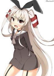 Rule 34 | 10s, 1girl, amatsukaze (kancolle), arms behind back, bad id, bad twitter id, blush, brown eyes, dress, fang, garter straps, hair ornament, hair tubes, hairband, kankitsunabe (citrus), kantai collection, long hair, looking at viewer, open mouth, sailor dress, short dress, silver hair, simple background, solo, twitter username, two side up, white background