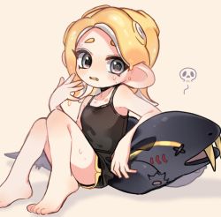 Rule 34 | 1girl, barefoot, beige background, black shirt, black shorts, blonde hair, camisole, colored tongue, commentary, dolphin shorts, fang, fanning face, grey eyes, leaning back, looking at viewer, maco spl, makeup, medium hair, nintendo, octoling, octoling girl, octoling player character, parted lips, pointy ears, salmonid, shadow, shirt, short shorts, shorts, simple background, sitting, skull, solo, suction cups, sweat, tentacle hair, yellow tongue