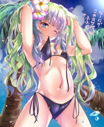 Rule 34 | 1girl, ameth (princess connect!), aono (f i s), blue eyes, blush, hair ornament, highres, japanese text, long hair, looking at viewer, multicolored hair, princess connect!, swimsuit