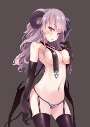 Rule 34 | 1girl, bare shoulders, black background, black choker, black gloves, black thighhighs, blush, breast curtains, breasts, choker, commentary request, cowboy shot, curled horns, demon girl, demon tail, demon wings, elbow gloves, garter straps, gloves, hand up, horns, large breasts, long hair, looking at viewer, midriff, mofu namako, navel, navel piercing, original, parted lips, piercing, pointy ears, purple eyes, purple hair, revealing clothes, sidelocks, simple background, skindentation, solo, standing, stomach, tail, thighhighs, wavy hair, wings