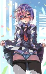 Rule 34 | 1girl, bad id, bad twitter id, blush, clothes lift, clothes pull, fate/grand order, fate (series), glasses, hair over one eye, lifting own clothes, mash kyrielight, moze, necktie, panties, pantyhose, pantyhose pull, purple eyes, purple hair, school uniform, short hair, skirt, skirt lift, solo, striped clothes, striped panties, underwear