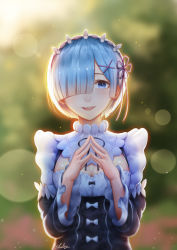 Rule 34 | 10s, 1girl, apron, asymmetrical bangs, black dress, blue eyes, blue hair, blunt bangs, blurry, blurry background, breasts, cleavage, cleavage cutout, clothing cutout, commentary, detached collar, dress, hair ornament, hair over one eye, hairclip, highres, long sleeves, looking at viewer, maid, maid apron, medium breasts, nhaliz, one eye covered, own hands together, parted lips, re:zero kara hajimeru isekai seikatsu, rem (re:zero), ribbon, ribbon-trimmed dress, short hair, signature, smile, solo, steepled fingers, upper body, white ribbon, x hair ornament