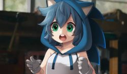 Rule 34 | 1girl, :o, animal hood, artist name, bad id, bad twitter id, bare shoulders, blue hair, breasts, commentary, genderswap, genderswap (mtf), gloves, green eyes, hair between eyes, hood, humanization, messy hair, open mouth, rayrie, scared, shirt, short hair, sleeveless, sleeveless shirt, small breasts, solo, sonic (live action), sonic (series), sonic the hedgehog, sonic the hedgehog (film), teeth, upper teeth only, white gloves, white shirt