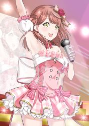 Rule 34 | 1girl, blunt bangs, bow, bowtie, cowboy shot, dress, earrings, flower, gloves, gorilla-shi, hair bow, hair bun, half updo, highres, holding, holding microphone, idol, jewelry, love live!, love live! nijigasaki high school idol club, love live! school idol festival all stars, medium hair, microphone, music, open mouth, pink dress, pink flower, pink rose, red flower, red hair, red rose, rose, side bun, singing, single side bun, smile, solo, standing, tears, teeth, uehara ayumu, white gloves, yellow eyes, yume e no ippo