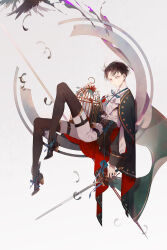 Rule 34 | 1boy, ascot, belt, birdcage, black hair, black thighhighs, blue eyes, blue ribbon, cage, collared shirt, eyokiki, feathers, flag, flower, highres, holding, holding sword, holding weapon, levi (shingeki no kyojin), long sleeves, looking at viewer, male focus, parted bangs, ribbon, shingeki no kyojin, shirt, short hair, sitting, solo, sword, thighhighs, weapon, white ascot, white shirt