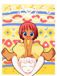 Rule 34 | 2girls, barefoot, blue eyes, blush stickers, dress, feet, guu (jungle wa itsumo), jungle wa itsumo hare nochi guu, mari (jungle wa itsumo), multiple girls, open mouth, pink hair, red hair, short hair, sitting, sitting on person, smile, soles, spread legs, toes, yellow dress