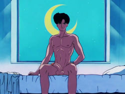 Rule 34 | 1boy, artist request, bed, bedroom, bishoujo senshi sailor moon, chiba mamoru, crescent moon, indoors, large penis, looking at viewer, male focus, moon, night, night sky, nude, penis, pillow, short hair, sitting, sky, solo, star (sky), testicles, uncensored, window