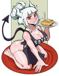 Rule 34 | 1girl, absurdres, apron, ass, black apron, black tail, blunt bangs, blush, breasts, cee-haz, cleavage, commentary, crepe, demon girl, demon horns, demon tail, english commentary, eyeshadow, fang, food, fork, full body, hair bun, helltaker, highres, horns, looking at viewer, lucifer (helltaker), makeup, medium breasts, mole, mole under eye, naked apron, nose blush, plate, red eyes, seiza, single hair bun, sitting, skin fang, soles, solo, tail, thighs, toes, updo, white hair, white horns
