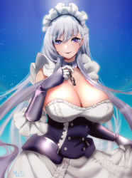Rule 34 | 1girl, azur lane, belfast (azur lane), blue background, braid, breasts, broken, broken chain, chain, cleavage, clothes lift, collar, french braid, frilled gloves, frills, gloves, hachimitsu hinako, highres, large breasts, long hair, looking at viewer, low neckline, maid, maid headdress, purple eyes, silver hair, skirt, skirt lift, smile