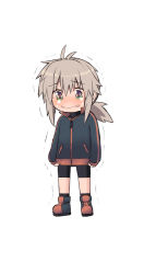 Rule 34 | 1girl, antenna hair, bike shorts, black footwear, black shorts, black socks, blush, boots, brown hair, chibi, commentary request, crying, crying with eyes open, full body, green eyes, hair between eyes, koshirae tsurugi (m.m), long sleeves, low ponytail, m.m, nose blush, original, parted lips, ponytail, short shorts, shorts, simple background, sleeves past wrists, socks, solo, standing, tears, trembling, wavy mouth, white background