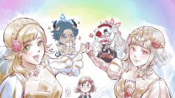 Rule 34 | 1boy, 4girls, absurdres, artist request, askr (fire emblem), blonde hair, bouquet, braid, bridal veil, chibi, collar, crown braid, dress, embla (fire emblem), eyepatch, fire emblem, fire emblem heroes, flower, full body, gloves, green eyes, hair flower, hair ornament, halo, hand on own chest, highres, holding hands, kenmei slg, lips, long hair, looking at viewer, multiple girls, nintendo, official alternate costume, open mouth, pink hair, red eyes, sharena (bride) (fire emblem), sharena (fire emblem), simple background, smile, sparkling eyes, standing, tagme, tiara, veil, veronica (bride) (fire emblem), veronica (fire emblem), wedding dress