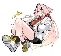 Rule 34 | 1boy, alternate costume, alternate hairstyle, astolfo (fate), black shorts, blush, fang, fate/apocrypha, fate/grand order, fate (series), gradient hair, grin, hair between eyes, hair intakes, hair ornament, hairclip, hands in pockets, haoro, hood, hooded jacket, jacket, long hair, male focus, multicolored hair, pink hair, purple eyes, red hood, shorts, sidelocks, signature, simple background, smile, solo, star (symbol), streaked hair, trap, two-tone hair, unzipped, very long hair, white background, white footwear, white jacket