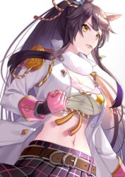Rule 34 | 1girl, akatsuki (kuon), animal ears, bandaid, bandaid on face, bandaid on nose, belt, black hair, black skirt, breasts, brown belt, cleavage, clenched hand, closed mouth, coat, commentary request, cowboy shot, crop top, ear ornament, fingerless gloves, gloves, horse ears, horse girl, horse tail, large breasts, long hair, long sleeves, looking to the side, midriff, mouth hold, narita brian (umamusume), navel, open clothes, open coat, pink gloves, plaid, plaid skirt, pleated skirt, ponytail, rope, sarashi, shimenawa, shirt, sidelocks, simple background, skirt, solo, stalk in mouth, standing, star (symbol), star print, tail, twitter username, umamusume, white background, white coat, white shirt, yellow eyes