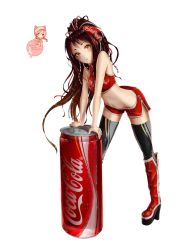 Rule 34 | artist name, bare shoulders, boots, breasts, brown eyes, brown hair, can, coca-cola, crop top, drink can, gradient hair, kari10001, long hair, medium breasts, midriff, multicolored hair, navel, original, personification, ponytail, short shorts, shorts, skindentation, sleeveless, soda, soda can, stomach, tagme, thighhighs, transparent background, yellow eyes, zipper, zipper pull tab