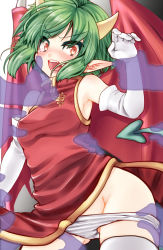 Rule 34 | 1girl, :o, armpits, blush, china dress, chinese clothes, draco centauros, dress, elbow gloves, gloves, grabbing another&#039;s chin, green hair, groin, hand on another&#039;s chin, highres, holding another&#039;s wrist, horns, ichinose natsuki, madou monogatari, panties, panty pull, pointy ears, puyopuyo, red eyes, saliva, see-through, short hair, solo focus, surprised, tears, thighhighs, underwear, white gloves, white panties, wings