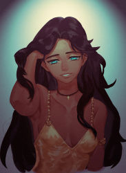 Rule 34 | 1girl, adjusting hair, alternate costume, aqua background, aqua eyes, arm at side, armlet, bare arms, bare shoulders, breasts, brown hair, collarbone, dark-skinned female, dark skin, dress, female focus, hair flaps, half-closed eyes, hand in own hair, hand up, head tilt, humanization, jewelry, lips, long hair, looking at viewer, marina (splatoon), medium breasts, mole, mole under mouth, neck, necklace, nintendo, octoling, parted bangs, parted lips, personification, sidelocks, smile, solo, soramame (corndog), splatoon (series), splatoon 2, star (symbol), star necklace, upper body, very long hair, yellow dress