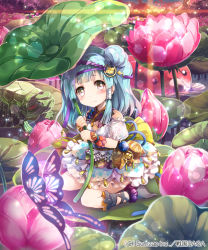 Rule 34 | 1girl, 3:, animal, animal print, ankle scrunchie, bare shoulders, black socks, blue hair, blush, bud, bug, butterfly, butterfly print, closed mouth, commentary request, company name, crest, detached sleeves, diffraction spikes, dress, family crest, fish, flower, frilled dress, frills, full body, glowing, glowing butterfly, gradient eyes, green eyes, hair bun, hair tie, hairband, head tilt, holding, holding leaf, insect, jewelry, kneehighs, koi, layered dress, leaf, lens flare, light particles, long hair, looking at viewer, lotus, maru ni wari bishi, mini person, minigirl, multicolored clothes, multicolored dress, multicolored eyes, no shoes, official art, outdoors, pink eyes, pink flower, pond, print dress, puffy short sleeves, puffy sleeves, purple hairband, ribbon, sash, scrunchie, see-through, sengoku saga, short dress, short eyebrows, short sleeves, sidelocks, single hair bun, sitting, socks, solo, sparkle, star (symbol), star print, sunset, tree, turtle, wariza, wristband, yamadori ofuu, yellow eyes, yellow ribbon