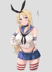 Rule 34 | 1girl, arm behind back, black choker, black hairband, black neckerchief, black panties, blonde hair, blue eyes, blue sailor collar, blue skirt, blush, breasts, choker, closed mouth, commentary request, cosplay, cropped shirt, elbow gloves, gloves, hairband, hand up, highleg, highleg panties, highres, jouzaburou (joe3), kantai collection, large breasts, long hair, looking at viewer, midriff, miniskirt, navel, neckerchief, nelson (kancolle), panties, panty peek, parted bangs, pleated skirt, sailor collar, school uniform, serafuku, shimakaze (kancolle), shimakaze (kancolle) (cosplay), shirt, skirt, solo, striped clothes, striped thighhighs, sweatdrop, thighhighs, underwear, white gloves, white shirt