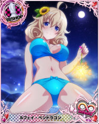 Rule 34 | 1girl, ahoge, beach, bikini, bishop (chess), blonde hair, blue bikini, blue eyes, breasts, card (medium), character name, chess piece, closed mouth, female focus, fireworks, flower, full moon, hair flower, hair ornament, high school dxd, high school dxd hero, high school dxd infinity, le fay pendragon, looking at viewer, medium breasts, moon, navel, night, official art, smile, solo, sparkler, swimsuit, thighs, trading card