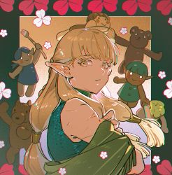 Rule 34 | 1girl, bad id, bad pixiv id, bare shoulders, blonde hair, blunt bangs, braid, doll, dungeon meshi, elf, flower, from side, half updo, haun, long hair, looking at viewer, low-tied long hair, low-tied sidelocks, milsiril (dungeon meshi), object on head, parted lips, pointy ears, puppet, scar, shawl, sleeveless, stuffed animal, stuffed toy, stuffed wolf, teddy bear, upper body, yellow eyes