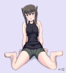 Rule 34 | 1girl, alternate costume, bare shoulders, barefoot, black tank top, brown eyes, brown hair, casual, full body, green shorts, grey background, hair between eyes, headgear, highres, kantai collection, looking at viewer, shorts, simple background, sitting, sleeveless, solo, taihou (kancolle), tanasiso, tank top, wariza