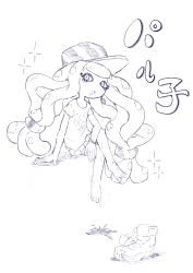 Rule 34 | 1girl, absurdres, afuron, barefoot, baseball cap, blunt bangs, boots, bracelet, character name, crossed legs, dripping, drooling, feet, female focus, flat chest, full body, greyscale, hair tie, harmony (splatoon), hat, highres, japanese text, jewelry, long hair, looking at viewer, low-tied long hair, miniskirt, monochrome, nintendo, open mouth, pleated skirt, ringed eyes, shirt, short sleeves, sidelocks, simple background, sitting, sketch, skirt, solo, sparkle, splatoon (series), splatoon 3, striped clothes, striped headwear, sweat, tentacle hair, tentacles, translated, unworn boots, very long hair, white background
