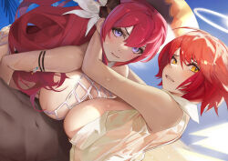 Rule 34 | 1boy, 2girls, absurdres, arknights, arm around neck, beach, breasts, chinese commentary, cleavage, closed mouth, commentary request, dark-skinned male, dark skin, exusiai (arknights), hair between eyes, halo, highres, large breasts, long hair, looking at viewer, multiple girls, navel, nose, open clothes, open mouth, open shirt, outdoors, purple eyes, red hair, renleiwanyier, see-through, see-through shirt, shirt, short hair, surtr (arknights), sweat, wet, wet clothes, wet shirt, white halo, yellow eyes