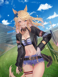 Rule 34 | 1girl, absurdres, animal ears, bandeau, belt, black belt, black choker, black jacket, blonde hair, blue bow, blue eyes, blue sky, bow, breasts, choker, cleavage, cloud, commentary request, cowboy shot, cutoffs, day, denim, denim shorts, dutch angle, ear bow, gloves, gold city (umamusume), grass, grin, highres, horse ears, huge filesize, jacket, kokushi shigotoboshuuchuu, long hair, long sleeves, looking at viewer, midriff, nail polish, navel, open clothes, open jacket, short shorts, shorts, single glove, sky, smile, solo, standing, stomach, strapless, striped bandeau, tail, thigh strap, thighs, tube top, umamusume, white gloves
