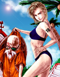 Rule 34 | 1boy, 1girl, age difference, android 18, bald, baryan, beard, beaten, bikini, blonde hair, blood, blue eyes, broken, broken eyewear, cloud, coconut tree, day, dragon ball, dragonball z, facial hair, glasses, kame house, lips, missing tooth, muten roushi, old, old man, open mouth, outdoors, palm tree, realistic, sky, sunglasses, swimsuit, tree, turtle shell, violence