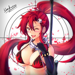 Rule 34 | 1girl, ;p, absurdres, anti-materiel rifle, bare shoulders, bikini, black gloves, blueawoo, blush, boota (ttgl), bracelet, breasts, cleavage, commentary, elbow gloves, fangs, fingerless gloves, flame print, gloves, gun, hair between eyes, hair ornament, high ponytail, highres, jewelry, large breasts, long hair, looking at viewer, midriff, one eye closed, ponytail, red hair, rifle, scarf, sidelocks, signature, skull hair ornament, smile, sniper rifle, solo focus, swimsuit, tengen toppa gurren lagann, tongue, tongue out, underboob, upper body, weapon, white background, yellow eyes, yoko littner