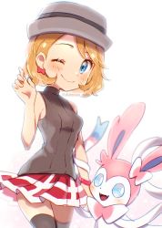 Rule 34 | 1girl, ;), blonde hair, blue eyes, blush, breasts, brown shirt, brown thighhighs, chitozen (pri zen), closed mouth, commentary request, creatures (company), eyelashes, game freak, gen 6 pokemon, grey headwear, hand up, hat, highres, looking at viewer, nintendo, one eye closed, pokemon, pokemon (anime), pokemon (creature), pokemon journeys, pokemon swsh105, red skirt, serena (pokemon), shirt, short hair, skirt, sleeveless, sleeveless shirt, smile, sylveon, thighhighs, twitter username, watermark
