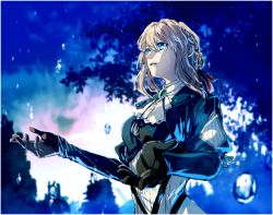 Rule 34 | 10s, 1girl, bad id, bad twitter id, blonde hair, blue eyes, braid, crying, french braid, from behind, gloves, iwamoto eiri, parted lips, rain, solo, tree, violet evergarden, violet evergarden (series), water drop