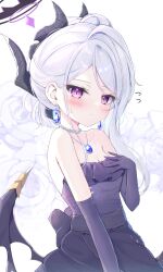 Rule 34 | 1girl, black horns, blue archive, blush, closed mouth, demon horns, dress, elbow gloves, gloves, grey hair, highres, hina (blue archive), hina (dress) (blue archive), horns, long hair, looking at viewer, mikaze oto, multiple horns, official alternate costume, official alternate hairstyle, purple dress, purple eyes, purple gloves, solo, strapless, strapless dress