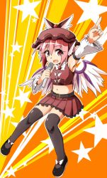 Rule 34 | 1girl, adapted costume, animal ears, armpits, bare shoulders, belt, black belt, black footwear, black thighhighs, bow, breasts, brown eyes, brown hat, brown skirt, brown vest, commentary request, detached sleeves, eyes visible through hair, feathered wings, frilled sleeves, frills, full body, hat, holding, holding microphone, long sleeves, mary janes, microphone, midriff, miniskirt, mob cap, moja (moja4192), music, mystia lorelei, navel, open mouth, pink bow, pink hair, pleated skirt, pointing, pointing up, shoes, short hair, singing, skirt, skirt set, small breasts, star (symbol), stomach, thighhighs, touhou, vest, white sleeves, white wings, wide sleeves, winged footwear, winged hat, wings, zettai ryouiki