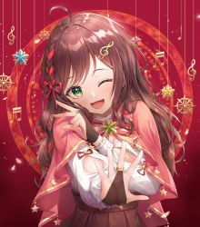 Rule 34 | 1girl, :d, ahoge, bad id, bad twitter id, braid, brooch, brown hair, fortissimo, green eyes, hair between eyes, hair ornament, jewelry, long hair, lunacle, miori celesta, miori celesta (1st costume), musical note, musical note hair ornament, myholo tv, one eye closed, open mouth, red background, ring, shirt, single braid, skirt, smile, solo, star brooch, virtual youtuber, white shirt