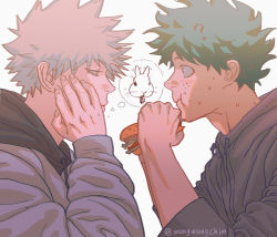 Rule 34 | 2boys, alternate costume, animal print, bakugou katsuki, blonde hair, boku no hero academia, burger, closed mouth, commentary request, eating, eye contact, food, food on face, freckles, from side, green hair, grey background, half-closed eye, highres, holding, hood, hood down, hoodie, long sleeves, looking at another, male focus, midoriya izuku, multiple boys, rabbit print, short hair, simple background, thought bubble, wengwengchim