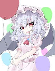 Rule 34 | 1girl, ascot, balloon, bat wings, brooch, dress, fang, fangs, frills, hat, hat ribbon, highres, jewelry, light purple hair, looking at viewer, medium hair, mob cap, pink dress, puffy short sleeves, puffy sleeves, purple hair, red eyes, red ribbon, remilia scarlet, ribbon, s vileblood, sash, short sleeves, simple background, solo, touhou, vampire, white background, wings