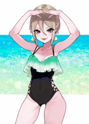 Rule 34 | 1girl, arms up, bad id, bad twitter id, black eyes, black one-piece swimsuit, blush, breasts, cleavage, commentary request, contrapposto, covered navel, earrings, frilled swimsuit, frills, hair between eyes, idolmaster, idolmaster cinderella girls, interlocked fingers, jewelry, light brown hair, looking at viewer, medium breasts, necklace, one-piece swimsuit, shiomi syuko, short hair, solo, standing, swimsuit, tongue, tongue out, yuu (higashi no penguin)