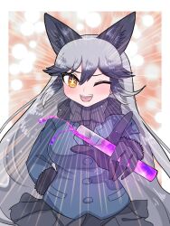 Rule 34 | 1girl, animal ears, aramaru, black gloves, black hair, blush, bow, bowtie, breasts, extra ears, fox ears, fur trim, gloves, grey hair, hair between eyes, highres, holding, holding test tube, jacket, kemono friends, kemono friends 3, large breasts, long hair, long sleeves, looking at viewer, multicolored hair, one eye closed, open mouth, silver fox (kemono friends), skirt, solo, test tube