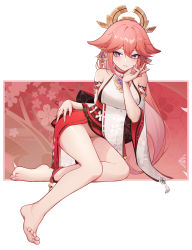 Rule 34 | 1girl, absurdres, animal ears, bare legs, bare shoulders, barefoot, blush, commentary, detached sleeves, dorsiflexion, fox ears, genshin impact, grin, groin, hair between eyes, highres, long hair, long sleeves, looking at viewer, nontraditional miko, parted lips, pink hair, purple eyes, ranshangchen, red skirt, shirt, sitting, skirt, sleeveless, sleeveless shirt, smile, solo, thighs, very long hair, white background, white shirt, yae miko