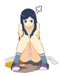 Rule 34 | 00s, 1girl, angry, blue hair, blush, breast hold, breasts, cleavage, clothes on floor, covering privates, covering breasts, crossed arms, fume, green eyes, kizaki, kuga natsuki, large breasts, long hair, my-hime, panties, pantyshot, sitting, solo, tears, topless, underwear, undressing