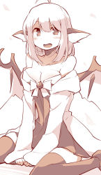 Rule 34 | 1girl, ahoge, animal ears, bare shoulders, blush, breasts, cleavage, dress, feet out of frame, happy, long hair, medium breasts, monochrome, mukuroi, mystia lorelei, no headwear, no headwear, off-shoulder dress, off shoulder, open mouth, pointy ears, simple background, sitting, smile, solo, thighhighs, touhou, v arms, wariza, white background, wings