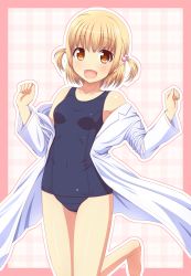 Rule 34 | 10s, 1girl, :d, aiura, blonde hair, blush, breasts, brown eyes, collarbone, hair bobbles, hair ornament, highres, ki (kk-sk-ray), lab coat, looking at viewer, off shoulder, one-piece swimsuit, open mouth, outline, pink background, revision, school swimsuit, short hair, small breasts, smile, solo, swimsuit, swimsuit under clothes, wakatsuki misuzu