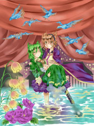 Rule 34 | 2girls, :o, absurdres, animal ears, architecture, bird, blouse, breasts, cape, carrying, cat ears, crying, curtains, dress, earmuffs, east asian architecture, closed eyes, flower, frown, ghost tail, green dress, green hair, headphones, highres, holding hands, interlocked fingers, inui (artist), juliet sleeves, kemonomimi mode, leaf, light brown hair, light particles, lily of the valley, lips, long sleeves, looking at viewer, medium breasts, multiple girls, pagoda, princess carry, puffy sleeves, scabbard, sheath, shirt, short hair, skirt, soga no tojiko, streaming tears, tears, touhou, toyosatomimi no miko, wading, water, yellow eyes