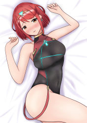 Rule 34 | 1girl, absurdres, bed, blush, breasts, competition swimsuit, earrings, gontyama, highres, jewelry, lying, medium breasts, nintendo, one-piece swimsuit, pyra (xenoblade), red hair, short hair, smile, solo, swimsuit, xenoblade chronicles (series), xenoblade chronicles 2, xenoblade chronicles (series), xenoblade chronicles 2