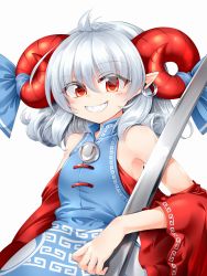 Rule 34 | 1girl, ahoge, armpits, bad id, bad pixiv id, bare shoulders, blue dress, blue ribbon, blush, breasts, closed mouth, commentary request, dress, earrings, eyes visible through hair, grey hair, hair between eyes, highres, horns, jewelry, looking at viewer, marukyuu ameya, medium breasts, off-shoulder dress, off shoulder, pointy ears, red eyes, ribbon, sharp teeth, short sleeves, simple background, smile, solo, spoon, standing, teeth, touhou, sunken fossil world, toutetsu yuuma, weapon, white background, wide sleeves